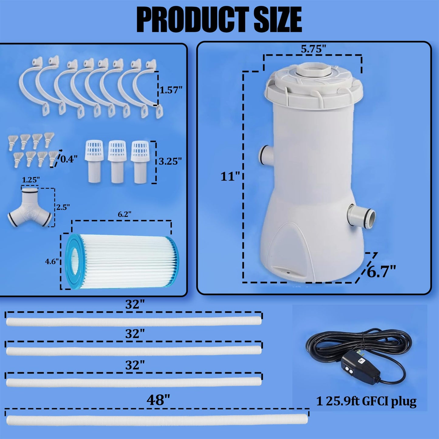 TonGass 800 GPH Pool Filter Pump for Above Ground Pools, Powerful Circulation System with Filter Cartridge, GFCI Safety Protection, Easy to Install Pool Pump for Pools up to 5000 Gallons