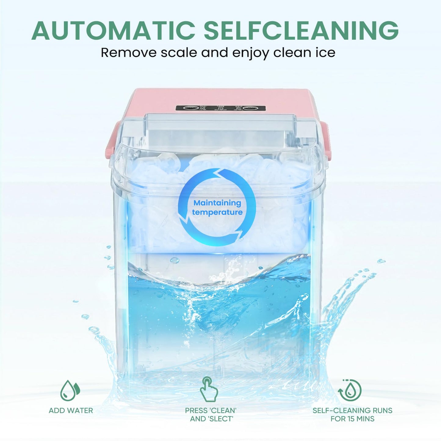 KMFurnila Ice Makers Countertop, Portable Ice Machine with Handle, 6 Mins 9 Bullet Ice Cubes with Basket and Scoop, 26lbs in 24Hrs, Auto-Cleaning, for Home, Kitchen, RV, Camping, Pink