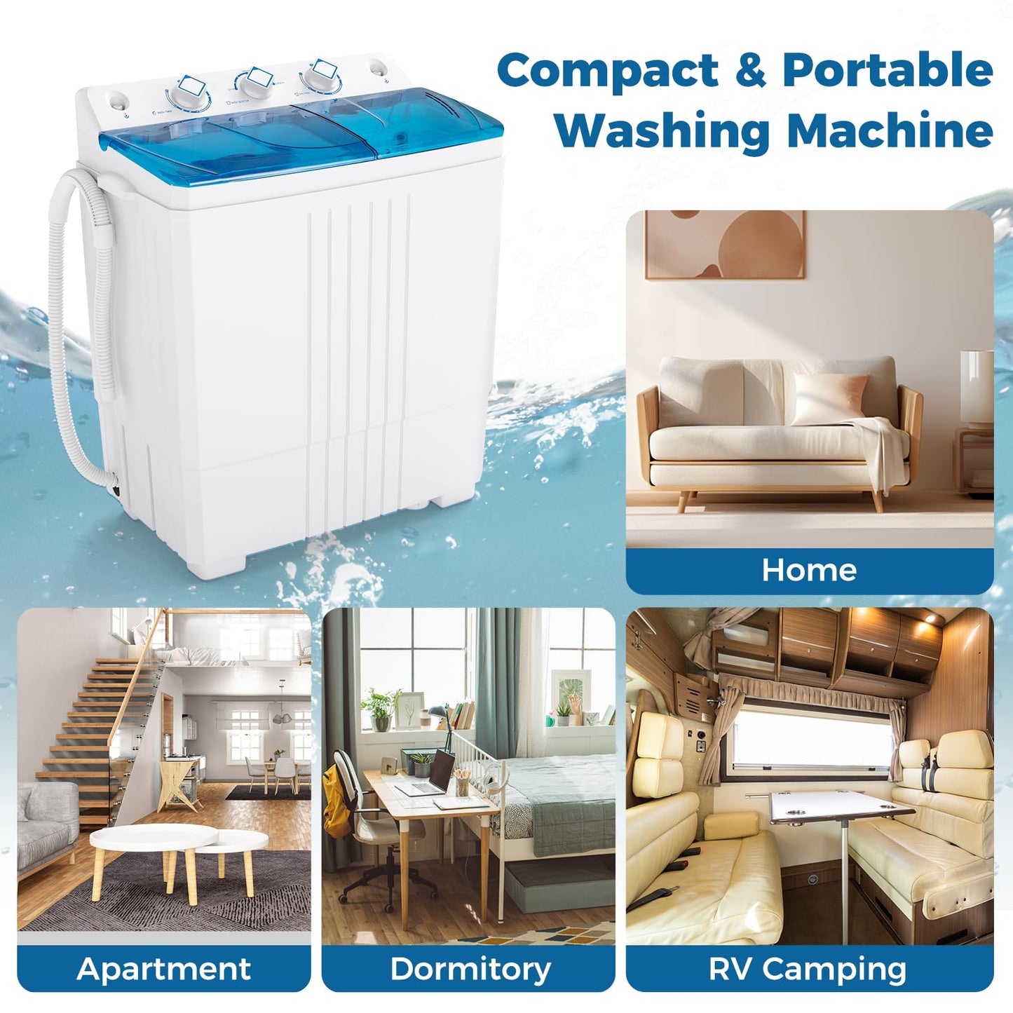 COSTWAY Portable Washing Machine, Twin Tub 20 Lbs Capacity with Drain Pump, Laundry Washer 12 Lbs and Spinner 8 Lbs with Timer Control, Perfect for Apartment Dorm RV, Blue+White