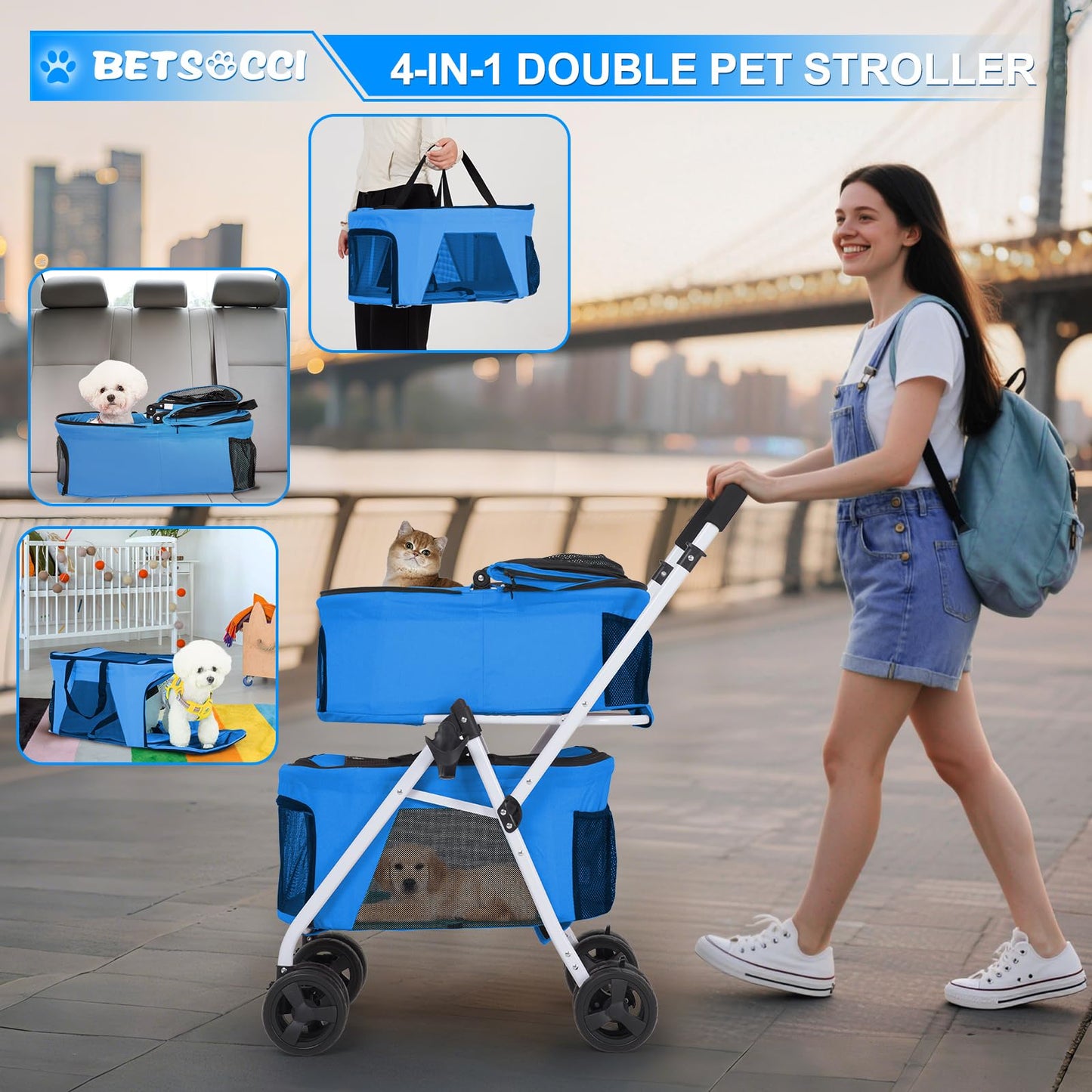 BETSOCCI Double Dog Stroller with 2 Detachable Carrier, Portable Pet Stroller for Small Dogs & Cats Folding Lightweight Puppy Travel Carriage, 4 Wheels, Azure