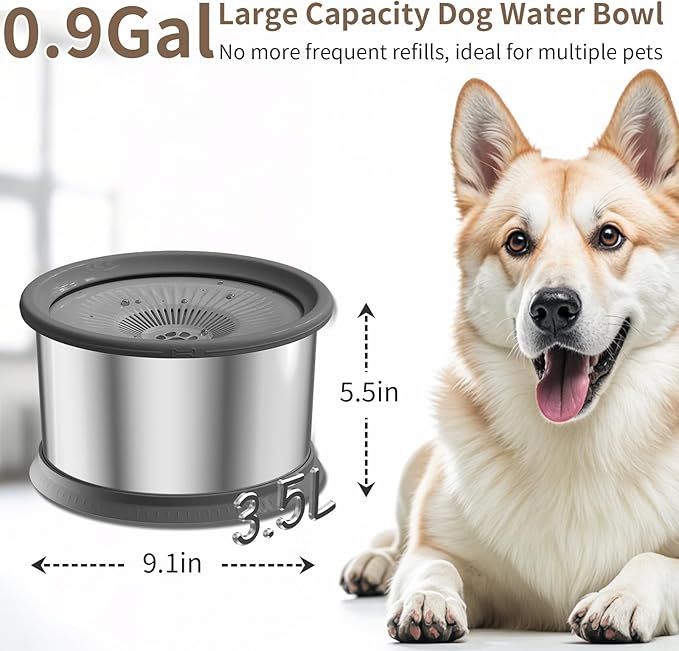 3.5L Dog Water Bowl No Spill 118oz Stainless Steel Water Bowl for Dogs No Splash Slow Water Feeder with Anti-Slip Mat for Messy Drinkers