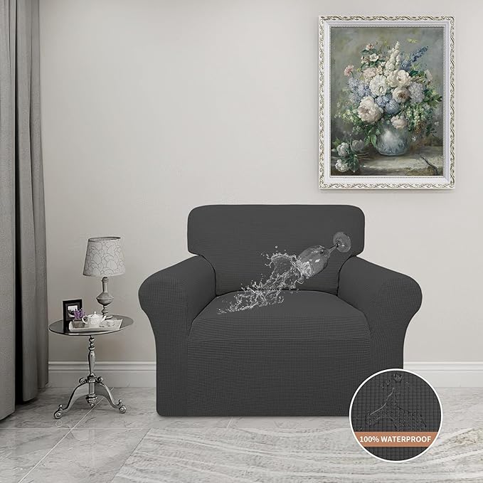 Easy-Going 100% Waterproof Chair Couch Cover, Dual Waterproof Sofa Cover, Stretch Jacquard Sofa Slipcover, Leakproof Furniture Protector for Kids, Pets, Dog and Cat (Chair, Dark Gray)
