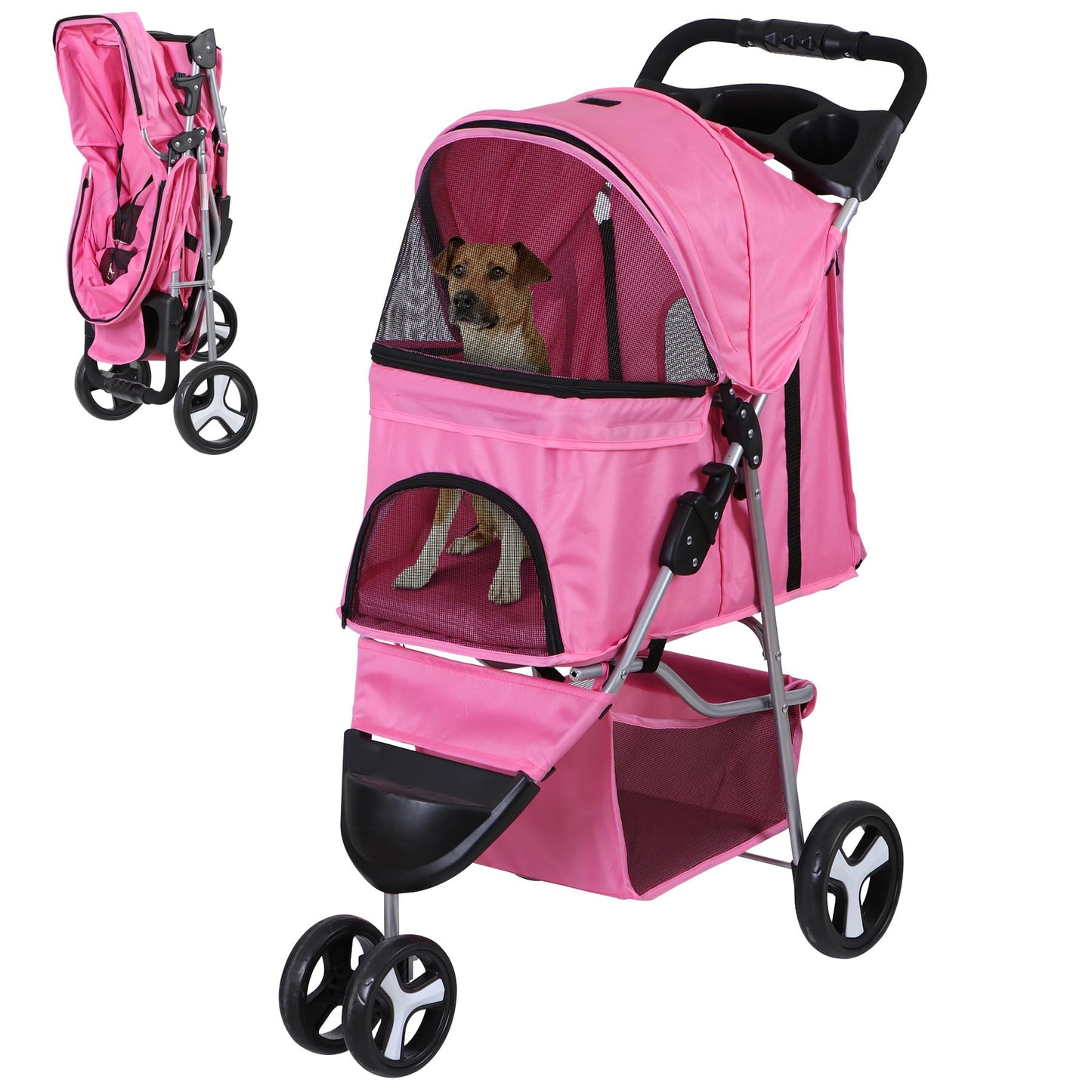 LEMY Foldable Pet Stroller,3 Wheels Cat/Dog Stroller with Weather Cover for Small/Medium Dogs and Cats,Pink Pet Strolling Cart with Storage Basket and Cup Holder