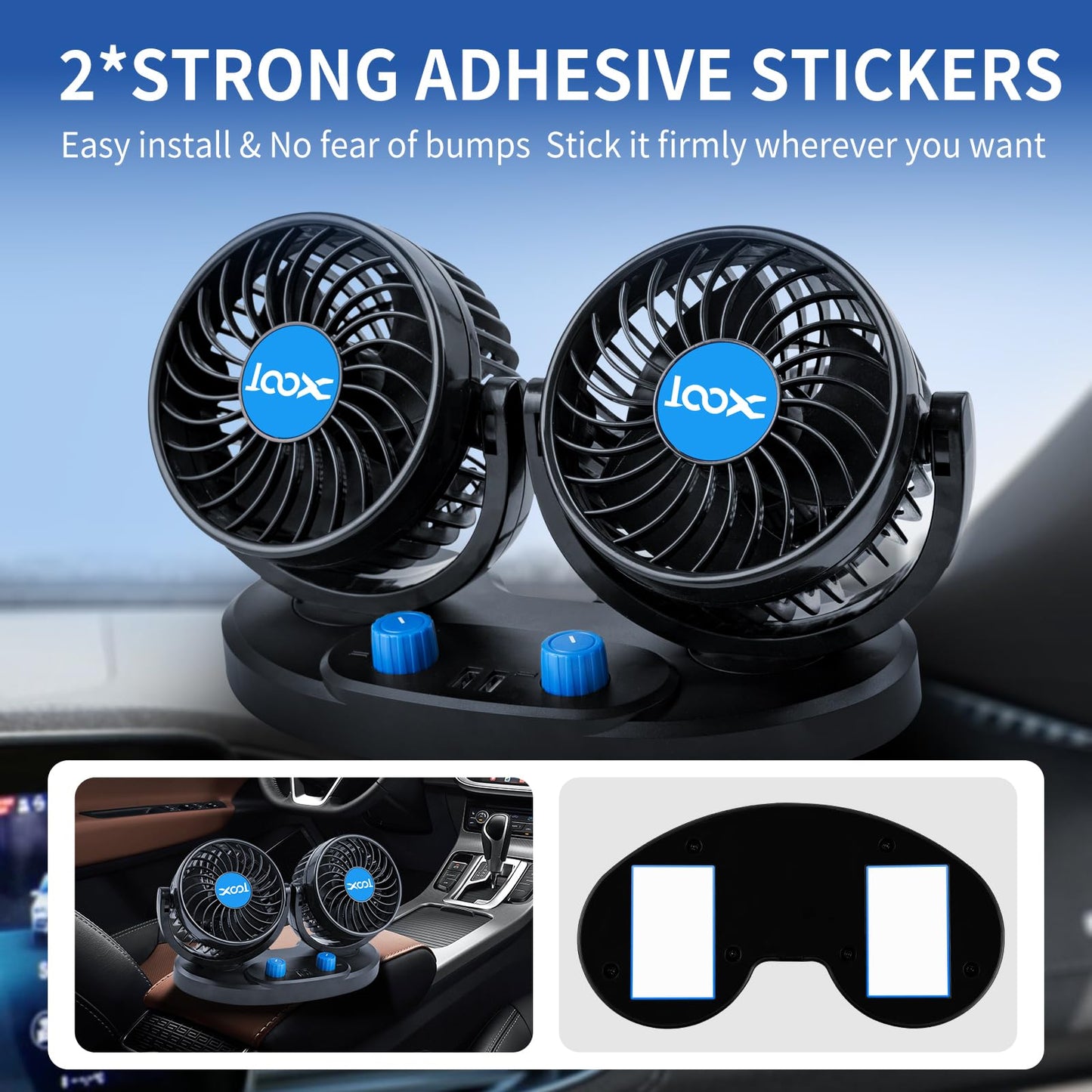 XOOL 12V Dual Head Car Fan – 2-Speed 360° Rotatable Cooling Fan with 2 USB Charging Ports Quiet Strong Airflow for Truck, Van, SUV, RV & Boat