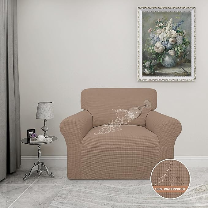 Easy-Going 100% Waterproof Chair Couch Cover,Dual Waterproof Sofa Cover, Stretch Jacquard Sofa Slipcover, Leakproof Furniture Protector for Kids, Pets, Dog and Cat (Chair, Camel)
