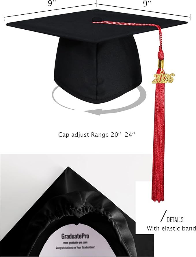 GraduatePro Matte Graduation Cap with 2026 Tassel for Adults High School and Bachelor Master 12 Colors