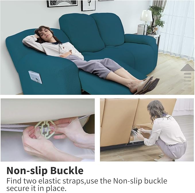 Easy-Going 6 Pieces Recliner Loveseat Stretch Sofa Slipcover Sofa Cover Furniture Protector Couch Soft with Elastic Bottom Kids, Spandex Jacquard Fabric Small Checks Peacock Blue