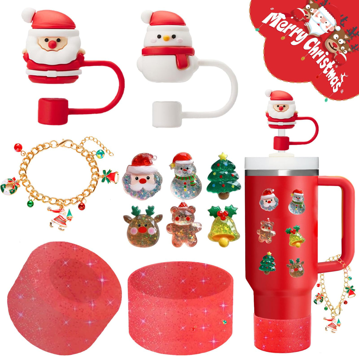 Christmas Stanley Cup Accessories Set,Including 2 Pcs 0.4in Christmas Straw Toppers, 8 Pcs 3D Stickers, 1 Pcs Handle Charm, 1 Silicone Boot Fits Stanley 40&30 Oz Tumbler (Glitter red)
