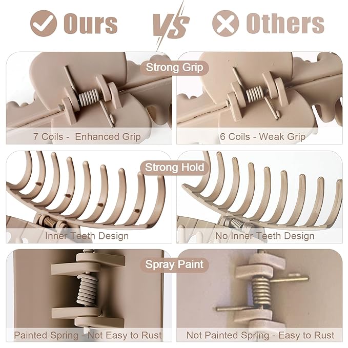 TOCESS Hair Claw Clips for Women - Large 8PK Neutral Matte Jumbo Square Hair Clips for Thick, Thin, Long, Short, Curly Hair Girls, Big Jaw Clip Set for Daily Use(Camel Khaki)
