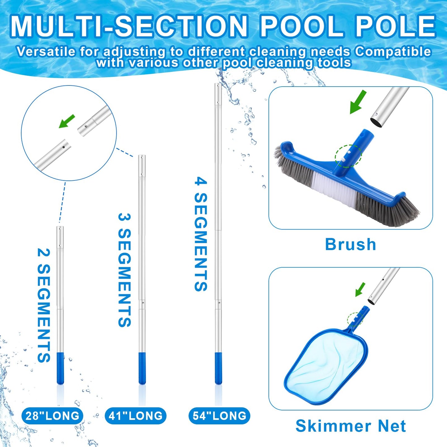 Potchen 3 Pcs Pool Cleaning Kit with Hand Skimmer Net, 47.24" Aluminum Pole and 17.5" Long Pool Brush Maintenance Accessory Tool for Above Ground Inground Ponds Home Tubs Spa