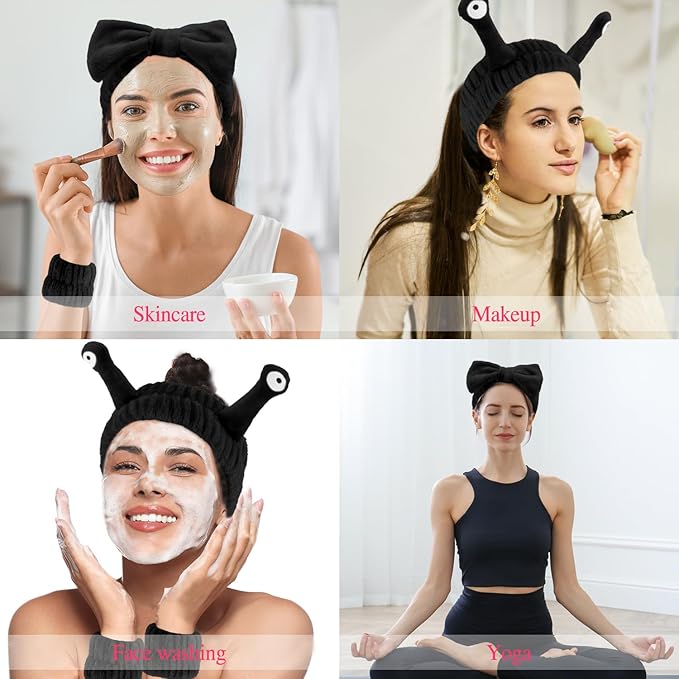 Spa Headband and Wristband Set Skincare Headband Makeup Headband Bowknot Snail Headbands Wrist Bands for Washing Face Cute Animal Face Wash Headband for Women Girls (Black)