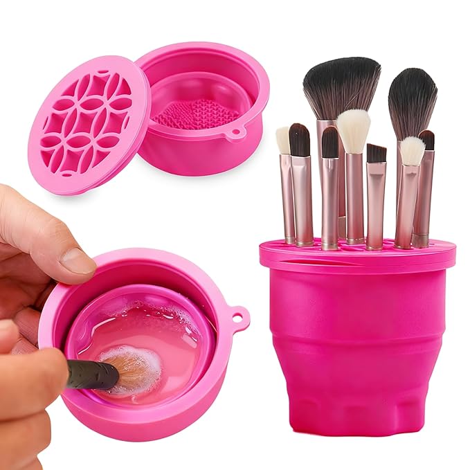 Makeup Brushes Cleaner Mat with Brush Storage Holder, Folding Portable Washing Tool for Makeup Brush Cleaning, 2 In 1 Silicone Brush Cleaner Pad & Cosmetic Brush Organizer Rack (Hot Pink)