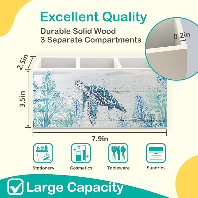 Sea Turtle Coastal Pen Holder for Home Office Desk, Beach Office Decor, Beach Turtle Makeup Brush Toothbrush Holder Organizer for Bathroom Desk Accessories