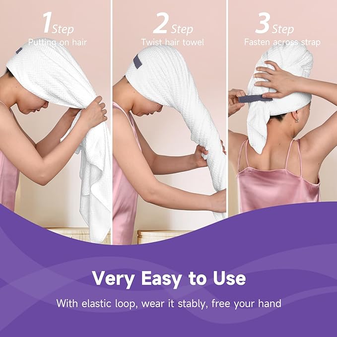 Umisleep Extra Large Microfiber Hair Towel for Women Long, Curly, Thick Hair, Super Soft Anti Frizz Quick Dry Hair Towel Wrap, Ultra Absorbent Hair Turban with Elastic Band White