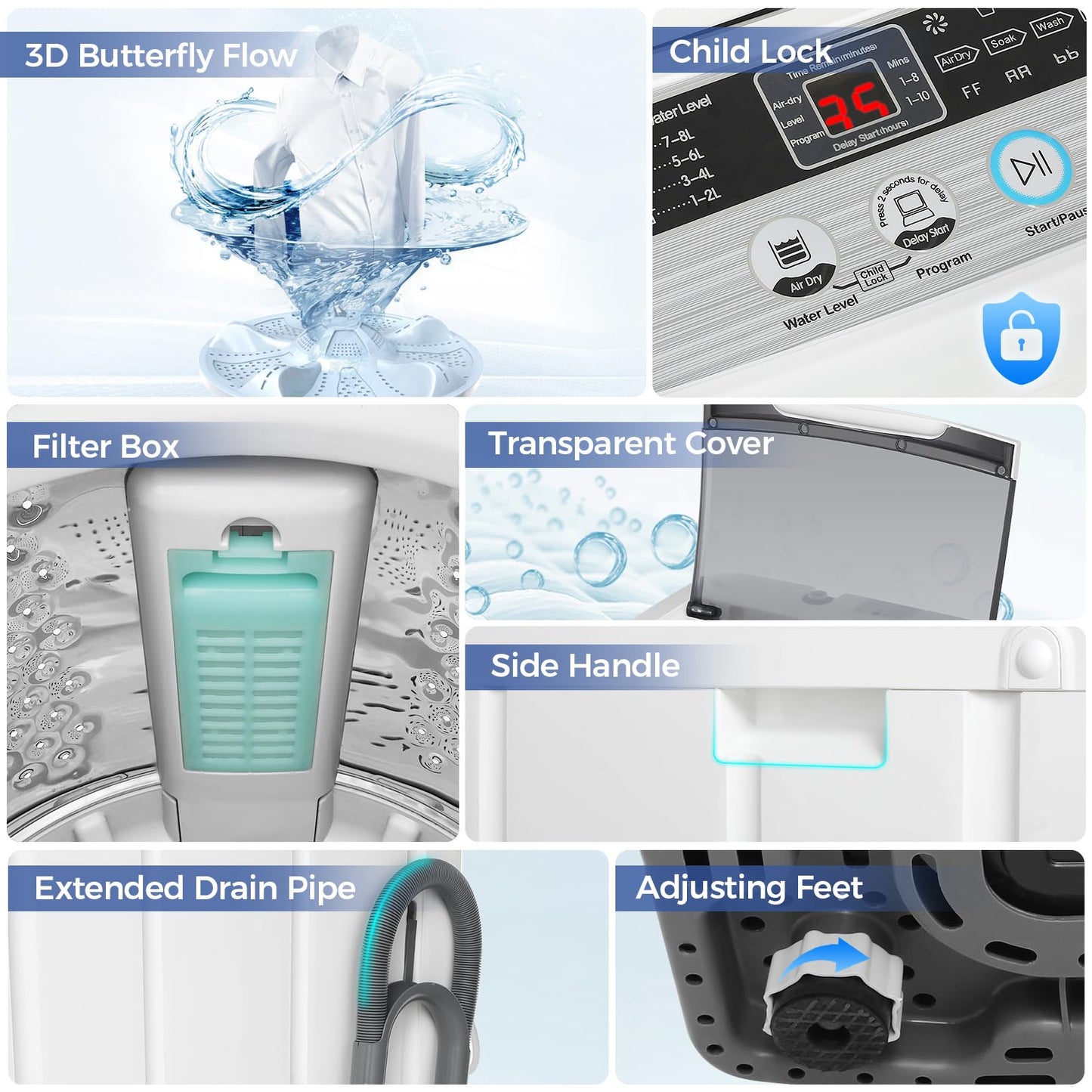 Nictemaw Portable Washing Machine 20Lbs Capacity 2.8 Cu.ft Portable Washer and Dryer Combo with 10 Programs and 8 Water Level Selections Compact Washer Machine for Apartments, Home, Dorms, Rv