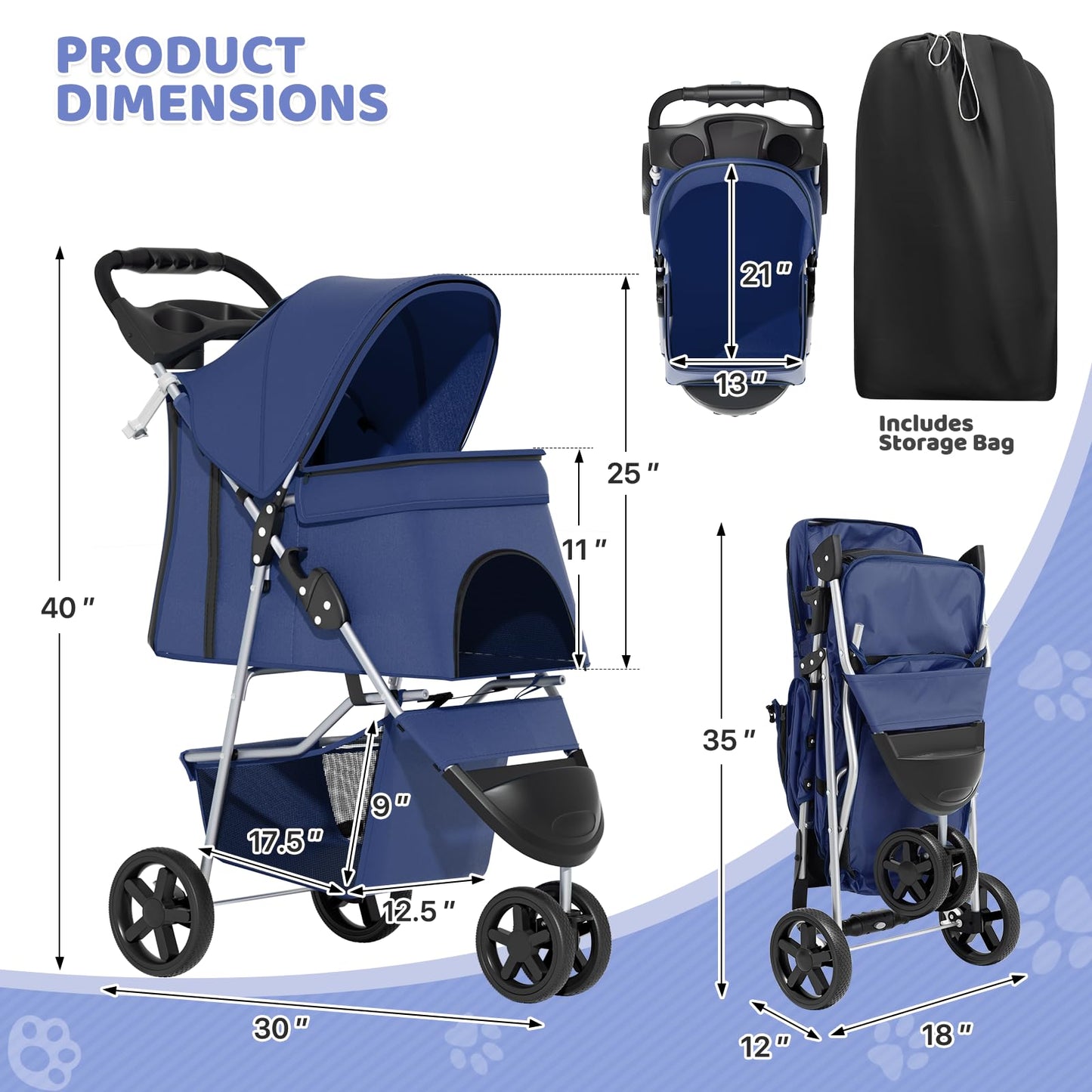 Magshion 3-Wheel Pet Stroller, Foldable Travel Jogger for Small & Medium Dogs & Cats (Up to 33lbs), Lightweight Carrier with Breathable Mesh Cover, Cup Holder & Storage Basket, Navy Blue