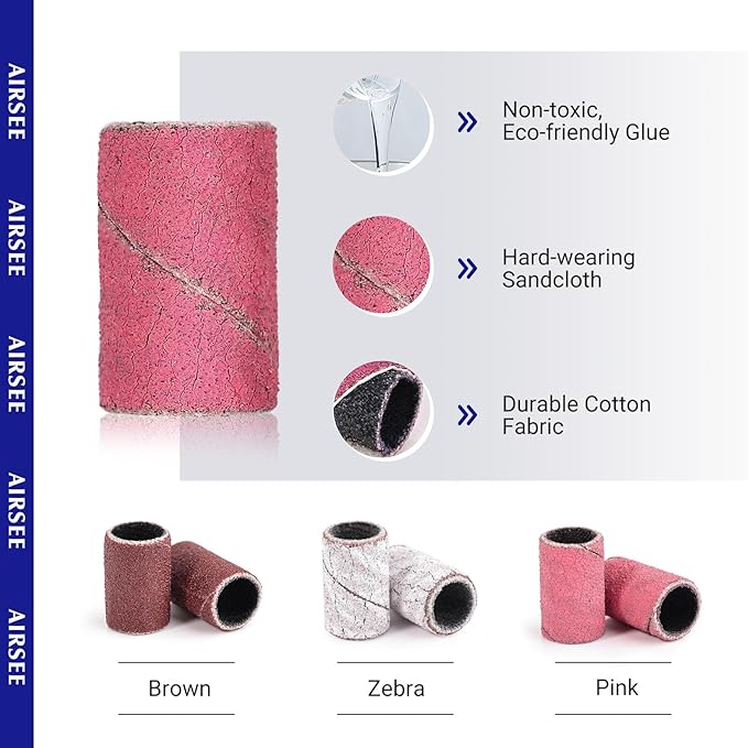 AIRSEE Sanding Bands for Electric Nail Drill 100 Piece Set 180 Grit Medium Acrylic File Attachments Professional 1 Sander Mandrel Bit Beauty Salon Accessories Manicure and Pedicure Finger Callus Pink