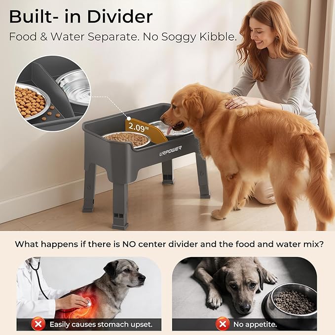 URPOWER Mess Proof Elevated Dog Bowls, High Wall Splash Guard Design, 4 Height Adjustable Raised Bowl Stand, 2 Large Stainless Steel Bowls, Non-Slip Food Water Set for Small Medium Large Dogs