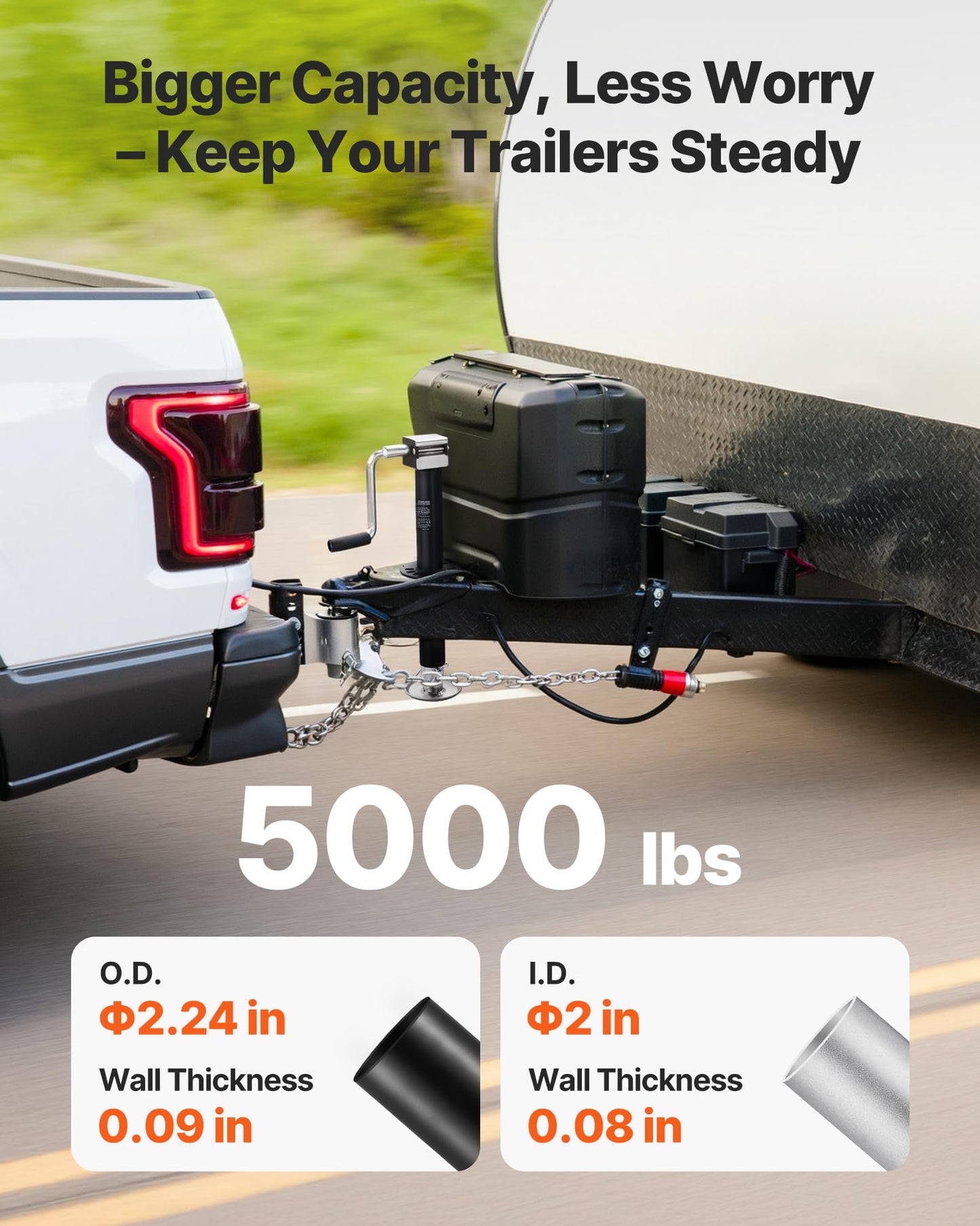 VEVOR 5000 lbs A-Frame Trailer Jack, 15-Inch Vertical Travel, Trailer Lift Jack with Adjustable 7-Level Drop Leg & Drill Socket, Cordless Drill Compatible, Suitable for RV, Utility, Yacht Trailers