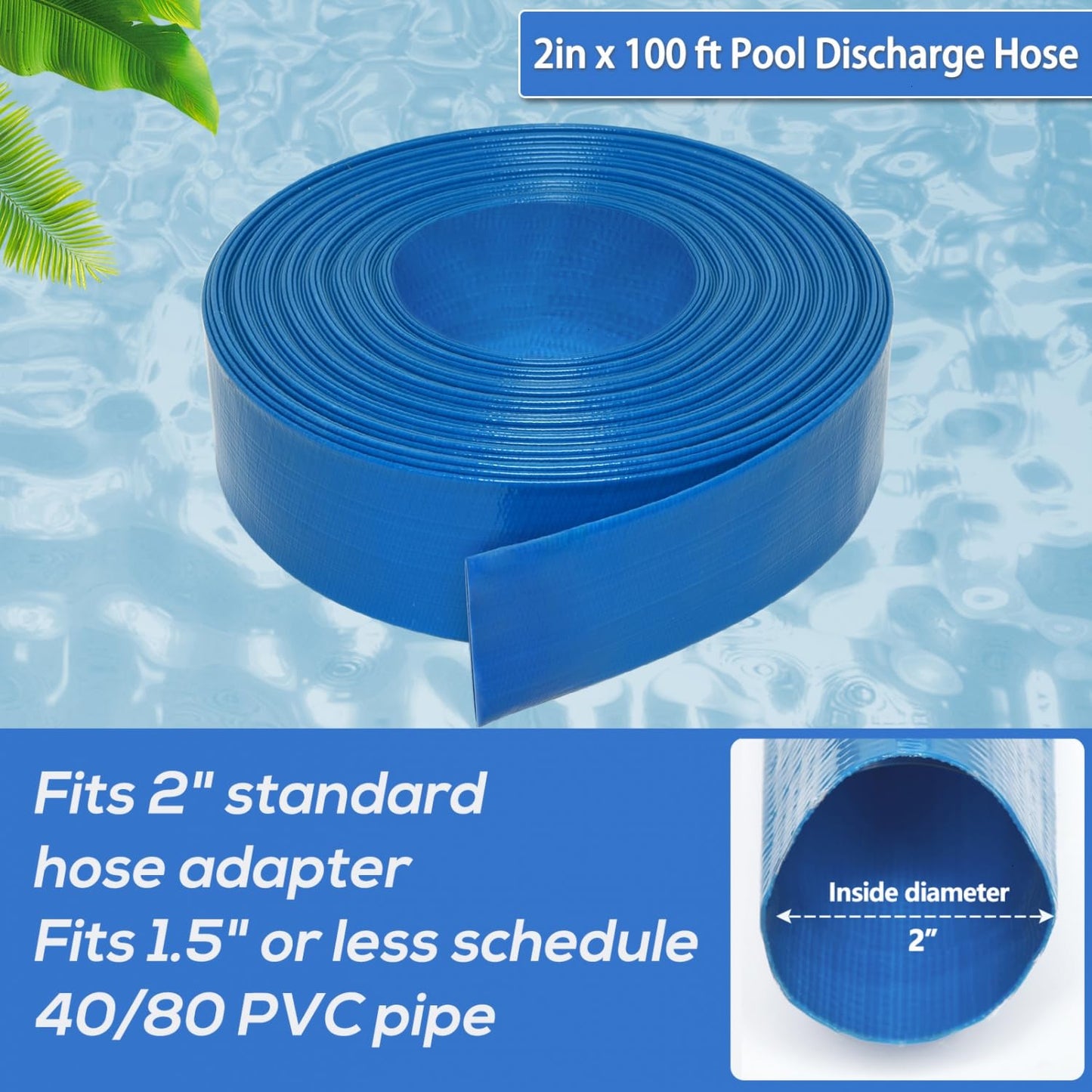 Gonioa 2 inches x 100 FT Heavy-Duty PVC Swimming Pool Backwash Hose, Reinforced Discharge Hose with Clamp for Swimming Pools, Blue