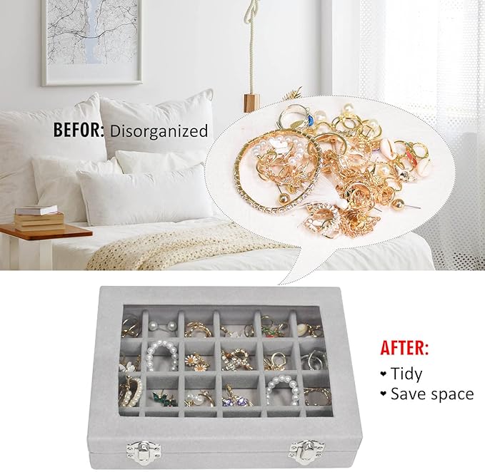 Velvet Jewelry Box 24 Grid Jewelry Ring Display Organiser Box Tray Holder Earrings Storage Case for Girls Wife Mom Women (Gray)