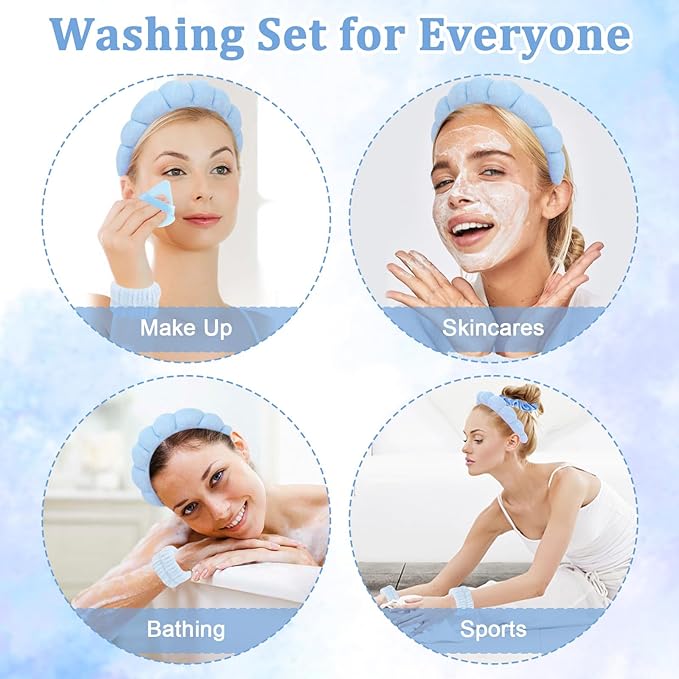 7Pcs Spa Set - Puffy Headband, Wristbands, Powder Puffs, Makeup Removal Terry Cloth Headband - Blue