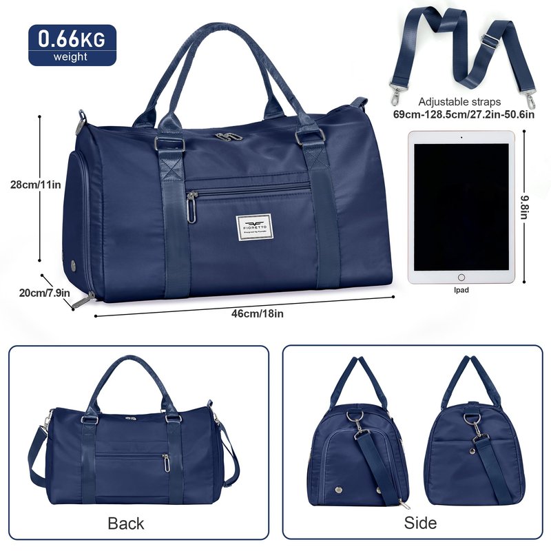 FIORETTO Womens Gym Tote Duffle Bag with Wet Pocket & Shoe Compartment, Sports Duffel Overnight Weekender Hospital Workout Carry on Bag for Girls, Ideal for Travel, Swimming, Dance, Ballet Navy Blue