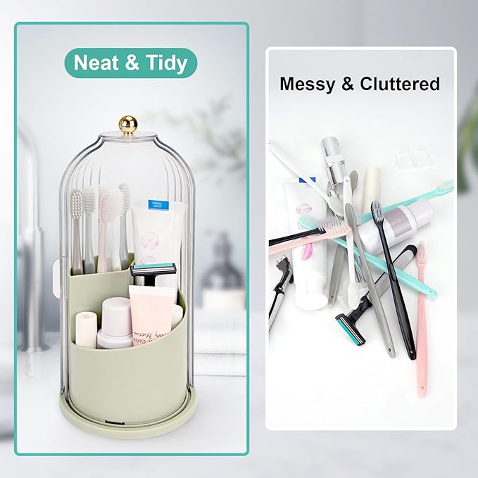 QIYVLOS Toothbrush Holders with Sliding Lid, Rotating 3 Slots Bathroom Organizer Countertop, Tooth Brush Toothpaste Holder Bathroom Counter Stand Sink Organizer Caddy for Makeup Brushes Holder (Green)