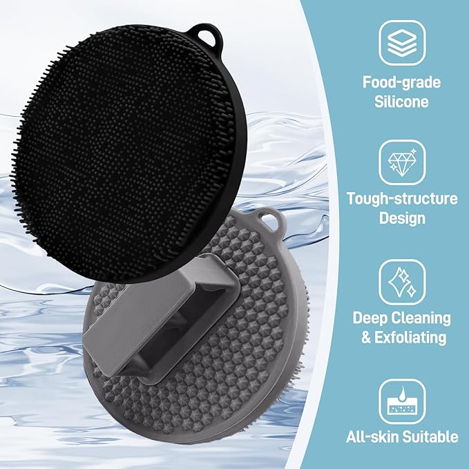 Silicone Body Scrubber 2PCS, Exfoliating Body Scrubber Shower Scrubber with Dense Bristles and Comfort Handle, Silicone Loofah Body Buffer for Good-Lathering & Deep-Cleansing(Black+Gray)