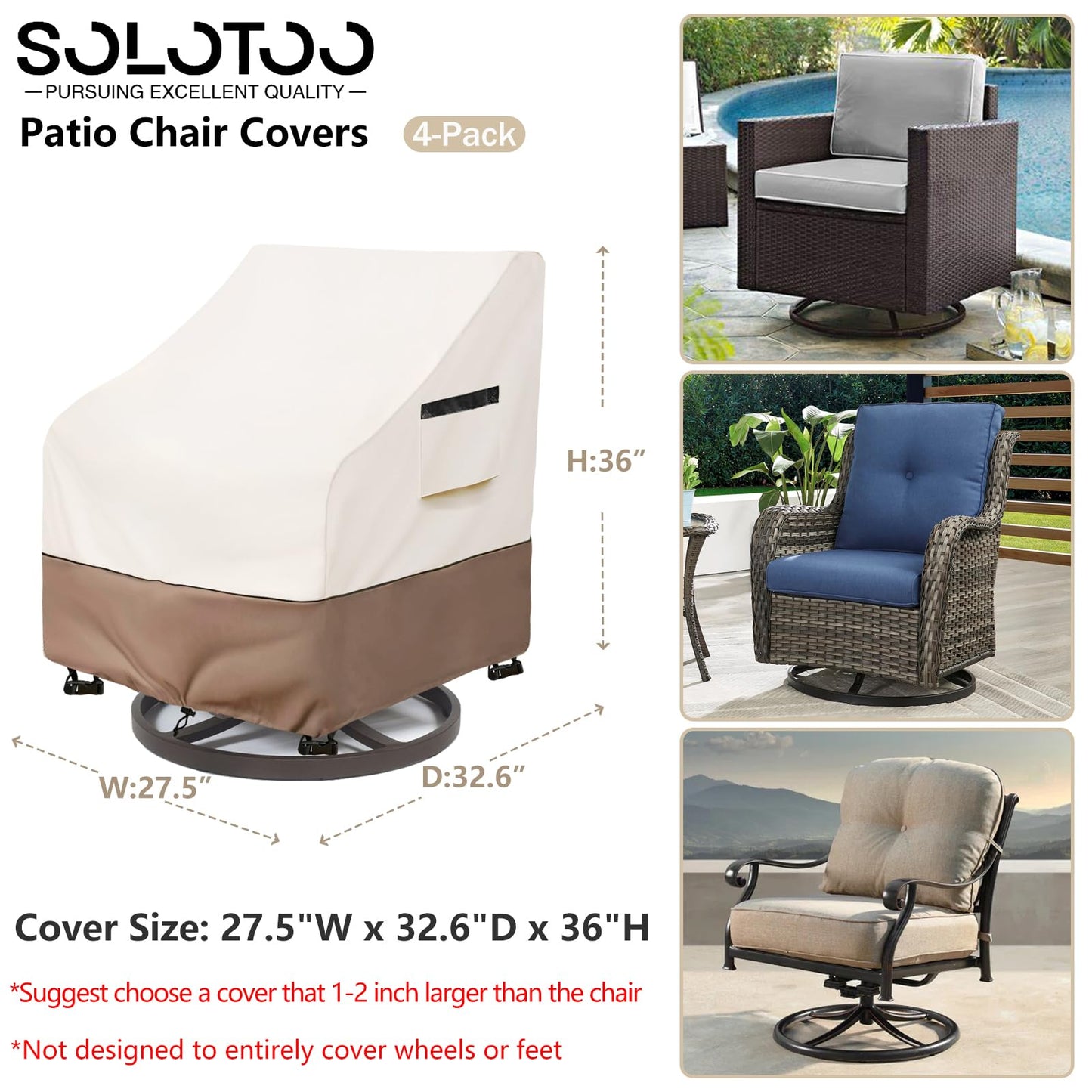 SoloToo Patio Chair Covers Waterproof Heavy Duty Patio Furniture Covers, 27.5W x 32.6D x 36H Inches Swivel Outdoor Chair Cover 4 Pack (Beige)