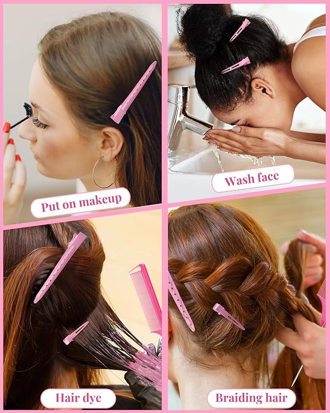 MORGLES 70Pcs No Crease Hair Roller Clips, 3 Sizes Metal Alligator Styling Clips for Sectioning, Professional Hair Styling Tools with 2Pcs Rose Pink Rat Tail Combs for Parting