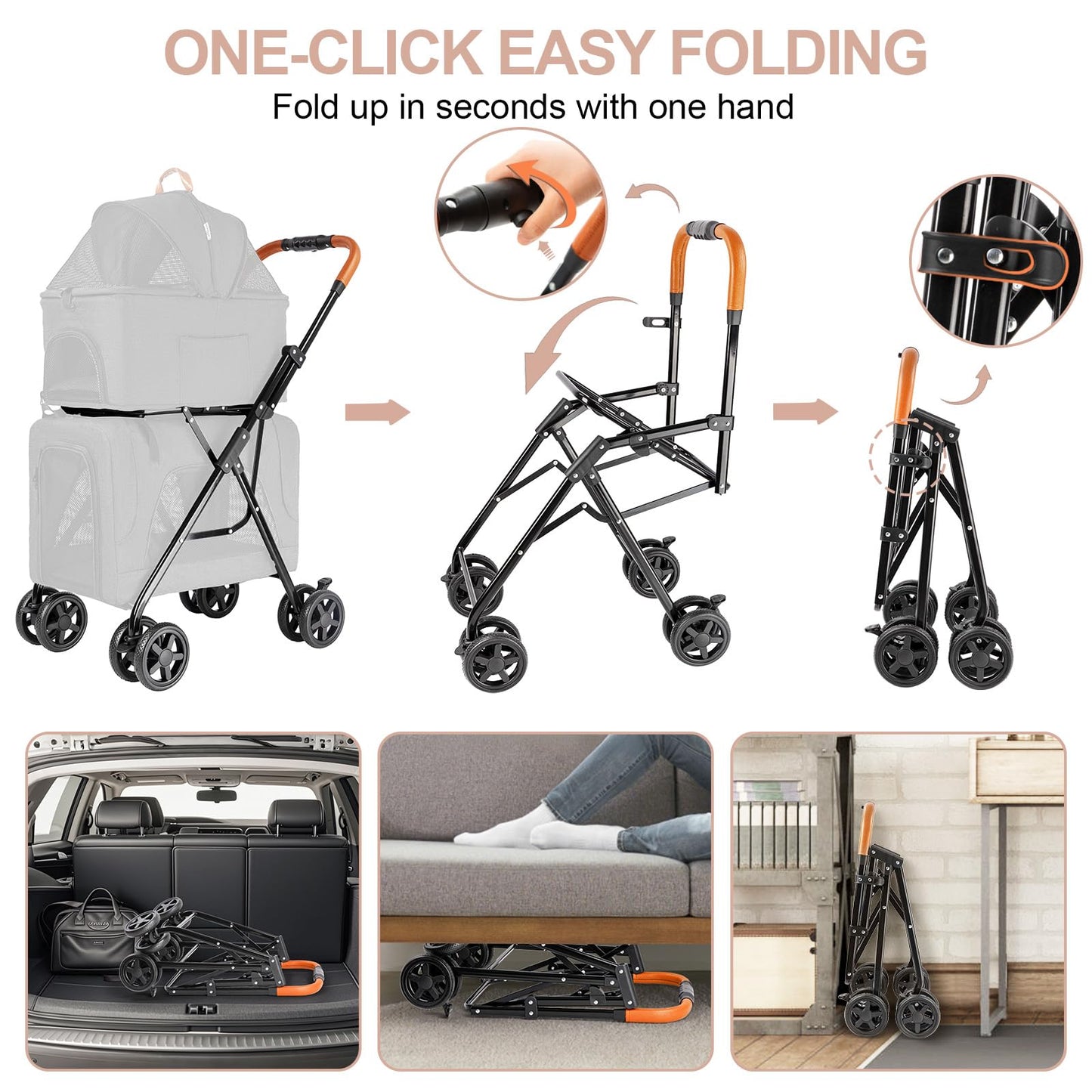 LPOTIUS Double Pet Stroller with Detachable Carrier for Medium Small Dogs and Cats, Lightweight Dog Stroller Travel Carriage with No-Zip Canopy Storage Basket One-Click Folding and One-Foot Brake