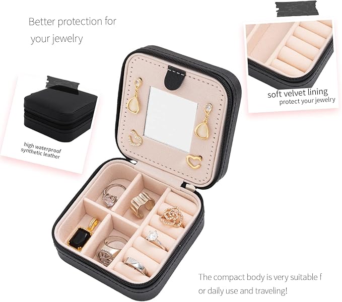 KElofoN Travel jewelry case Travel jewelry box Travel Jewelry Organizer Small Jewelry Organizer Box Gift for Girls Women with Mirror(Black)