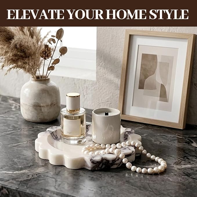 Koville 5.51" Scalloped Calacatta Viola Marble Tray, Round Stone Jewelry Trinket Dish for Ring, Natural Small Marble Tray for Bathroom Kitchen Dresser Countertop, Decorative Candle Tray