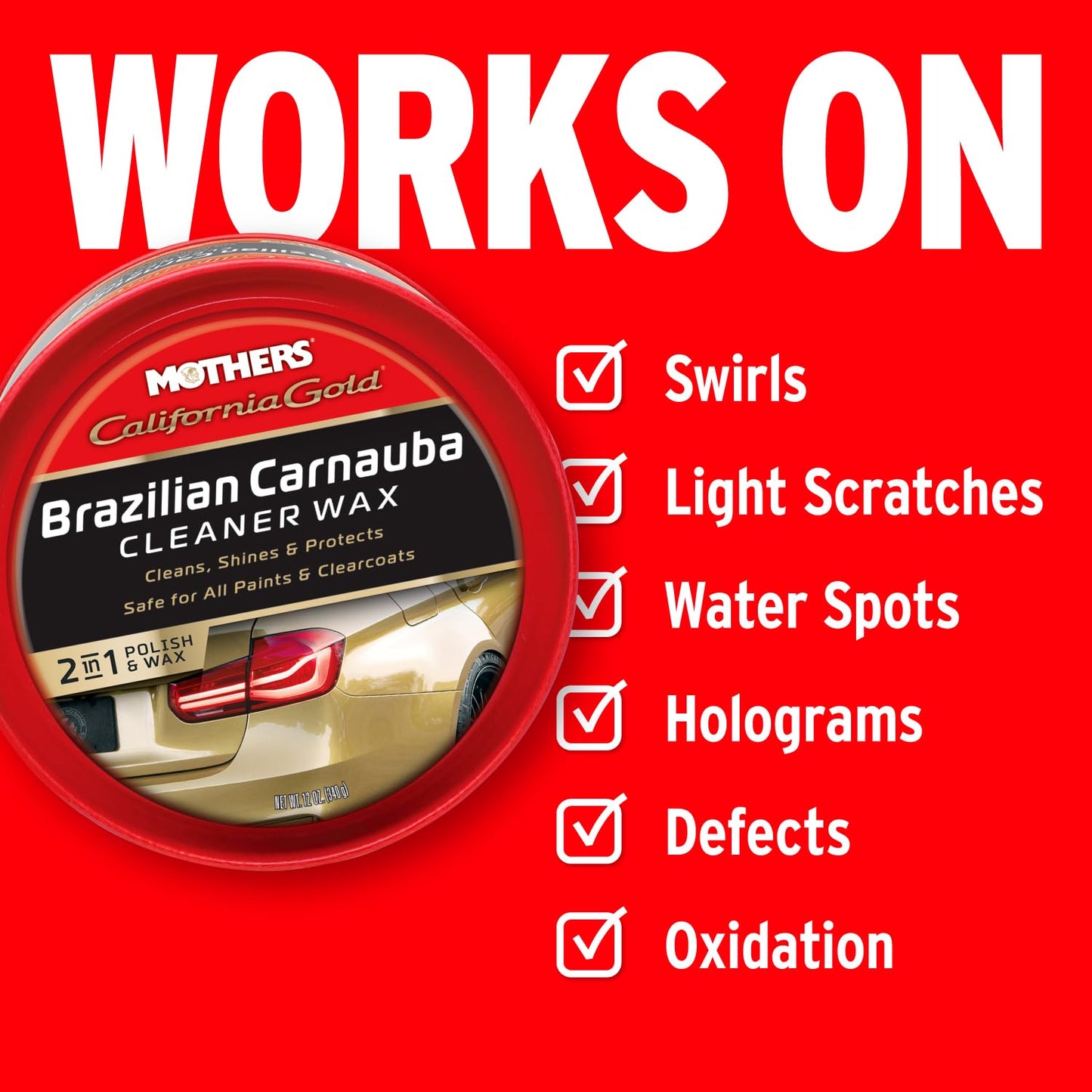 Mothers California Gold Brazilian Carnauba Cleaner Wax, 12 oz. Paste – Cleans & Waxes in One Step, Removes Oxidation & Swirls, Premium Carnauba Shine & Protection for All Paint Finishes (05500)