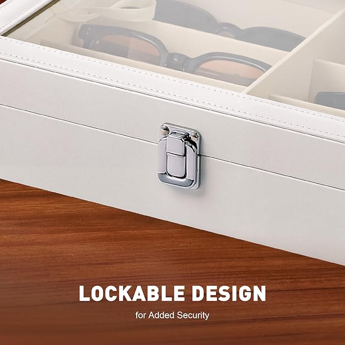 CO-Z Sunglasses Organizer with 8 Slots, Leather Eyeglasses Storage Box for Multiple Glasses, Lockable Display Case for Women Men, Glasses Holder for Watches Jewelry Collection, White