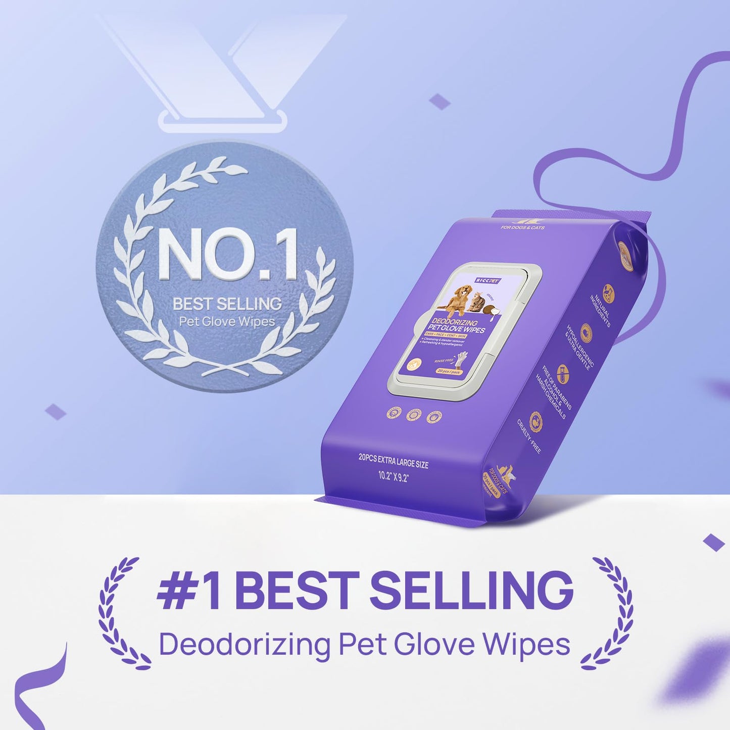 HICC PET Dog Wipes Cleaning Deodorizing Glove Wipes for Dogs, Cats & Horses, Vet Recommended Hypoallergenic Hydrating & Nourishing Pet Wipes for Eyes, Ears, Butt & Paws, No-Rinse, 20pcs Coconut Scent