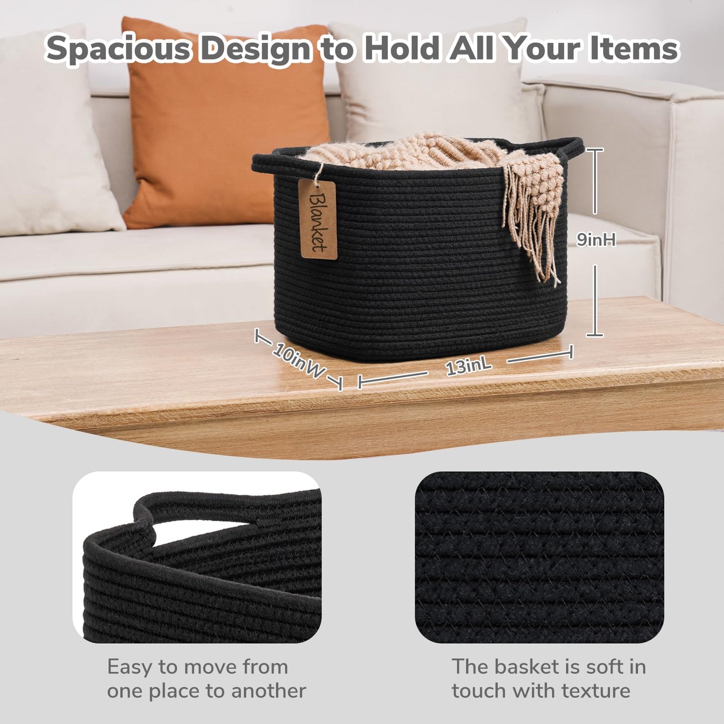 Goodpick Black Storage Basket for Shelves, Woven Baskets for Storage, Toy Baskets Storage Kids, Towel Basket with Handles for Living Room, Bathroom, 13 x 10 x 9 Inches