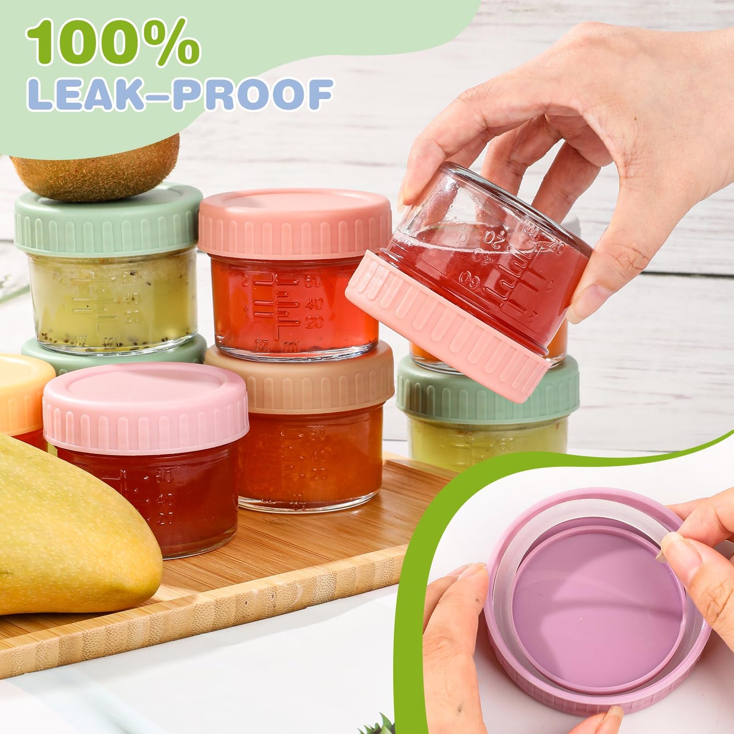 RowinsyDD 16 Pack Glass Baby Food Storage Containers, 4 oz Leakproof Baby Food Jars with Lids, Small Glass Food Containers for Infant Baby, Freezer & Microwave Safe, BPA Free