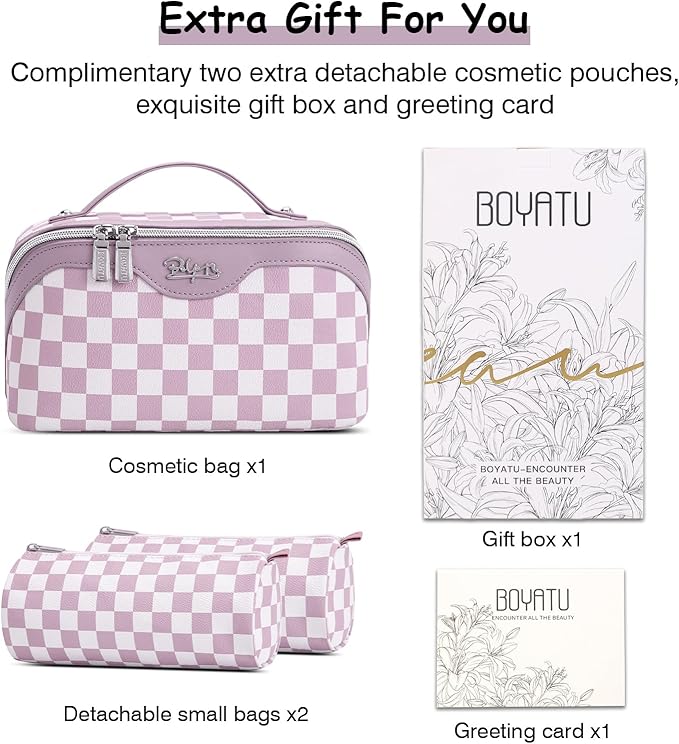 BOYATU Travel Makeup Bag Organizer Cosmetic Bag: 3 Pcs Set Make up Bags for Women with Handle - Waterproof Vegan Leather Toiletry Bag (01-G-Purple)