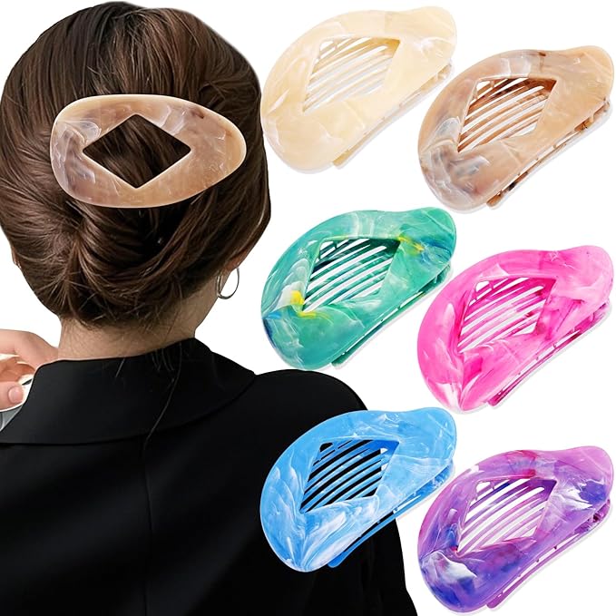 Marble Flat Round Hair Clips Duckbill Large Claw Clips for Thick Medium Thin Hair 6Pcs Non Slip Oval French Barrettes Accessories for Women Girls