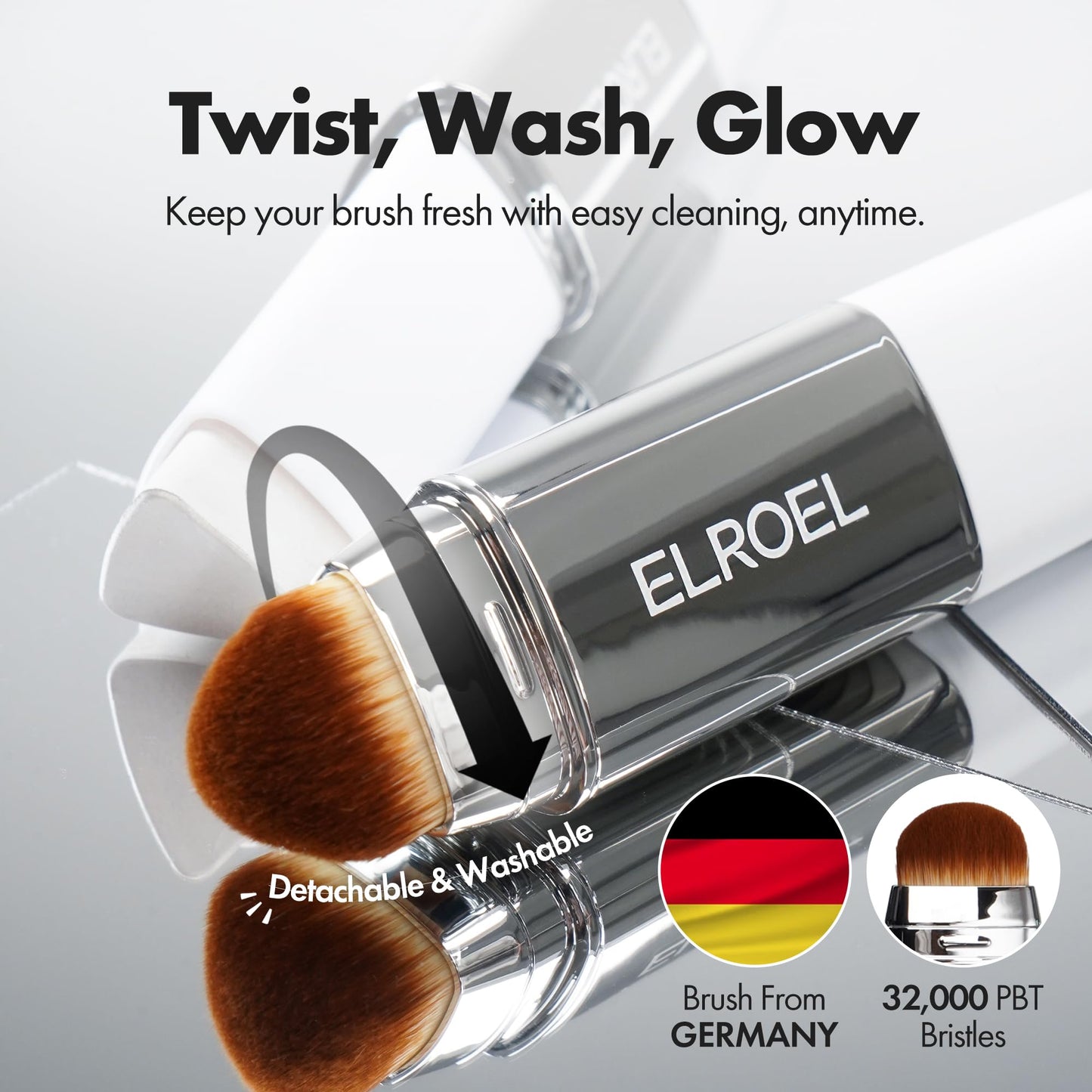 ELROEL Blanc Cover Cream Stick V White 0.45 oz - Korean Color-Changing Foundation Stick with Volufiline - Medium to Full Coverage Dewy Finish Base Makeup - Dual-Ended Detachable Brush (#202 Natural)