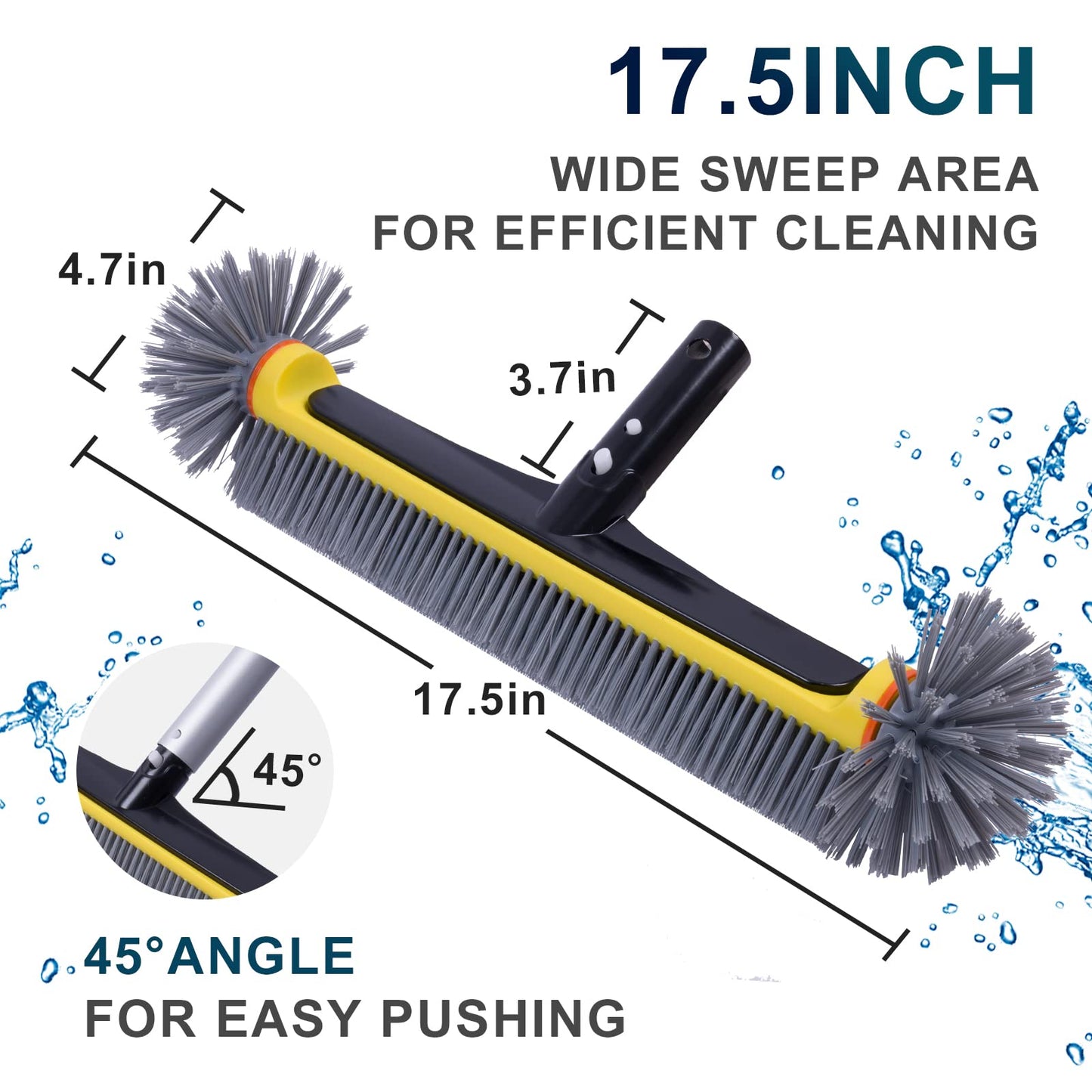 POOLAZA Pool Brush Head with Round Ends, Heavy Duty Pool Brushes for Cleaning Pool Walls, Floors Steps & Corners, 17.5" Pool Brush with Sturdy Aluminum Handle & Durable Nylon Bristles (Yellow)