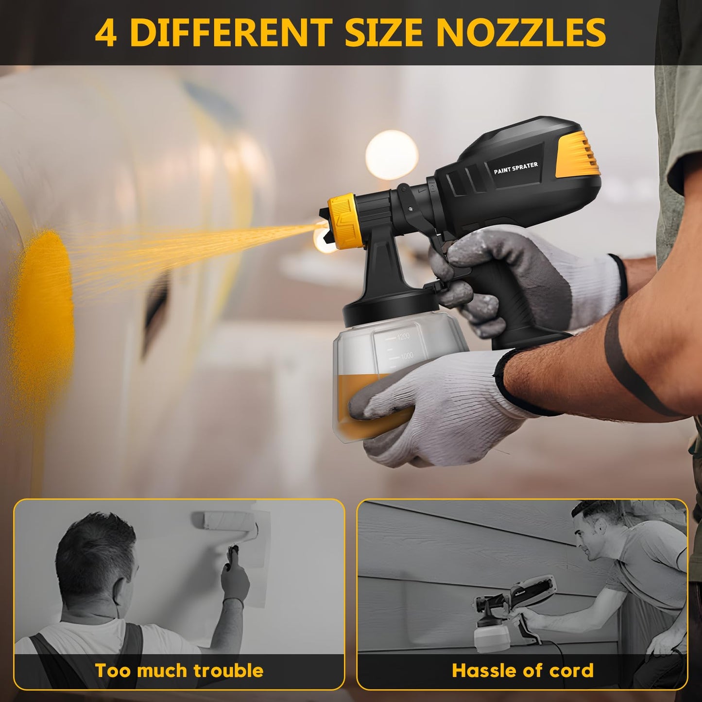 Brushless Cordless Paint Sprayer for Dewalt 20V Battery,4 Nozzles,150 Din/s Viscosity,1000ml/min Flow Rate & 1200ML Electric Paint Gun for Furniture, Walls (Battery Not Included) (Yellow)