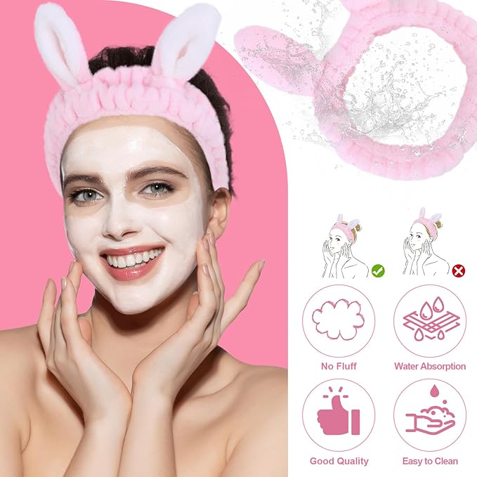 Cute pink Rabbit Ears Headband Frog Eye Elastic to Wash Face for Women Makeup Shower Spa (1 Pack)