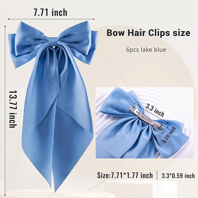 6Pcs Large Bows Hair Clips for Women Girls Long Tail Hair Ribbon Silky Satin Barrettes Coquette Hair Bows Accessories (Light Blue)