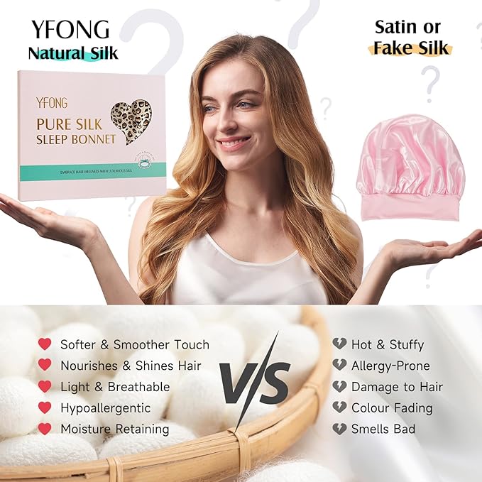 YFONG 100% 22 Momme Mulberry Silk Bonnet for Sleeping Women, Larger Double Layer Silk Hair Wrap for Curly Short Long Hair, Non-Slip Sleep Cap Turban with Elastic Tie Band (Leopard)