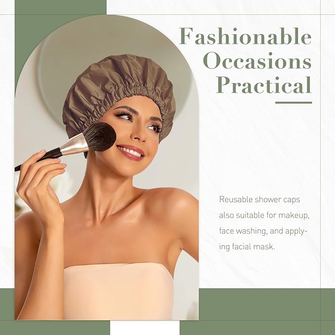 Reusable Shower Cap for Women, Large Waterproof Shower Bonnet with Elastic Band, Washable Bath Hair Cap for Long, Curly Hair, Braids, Daily Shower, Home Spa, Travel(Brown)