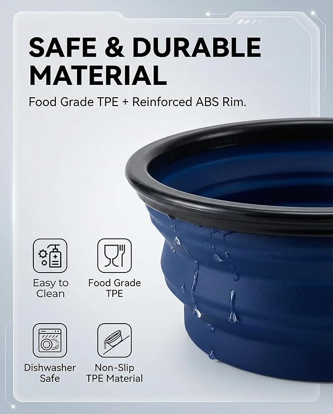 Rest-Eazzzy 2-Pack Collapsible Dog Bowls for Travel - Upgraded TPE Portable Dog Water Bowl with Reinforced Rim - Dishwasher Safe Foldable Feeding Dish for Walking, Hiking, Camping