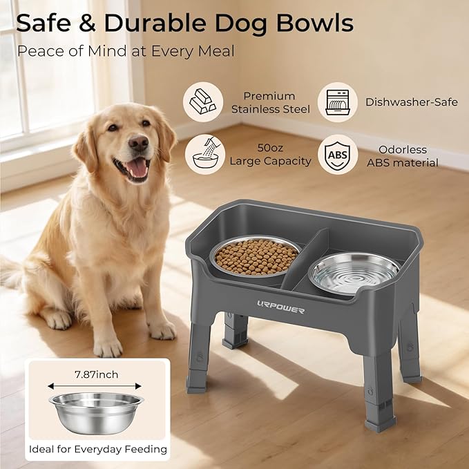 URPOWER Mess Proof Elevated Dog Bowls, High Wall Splash Guard Design, 4 Height Adjustable Raised Bowl Stand, 2 Large Stainless Steel Bowls, Non-Slip Food Water Set for Small Medium Large Dogs